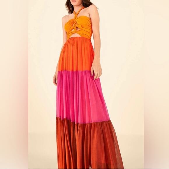 Farm Rio Women’s Color Block Orange Pink Halter Tie Cutout Bust Maxi Dress Small - Picture 9 of 14